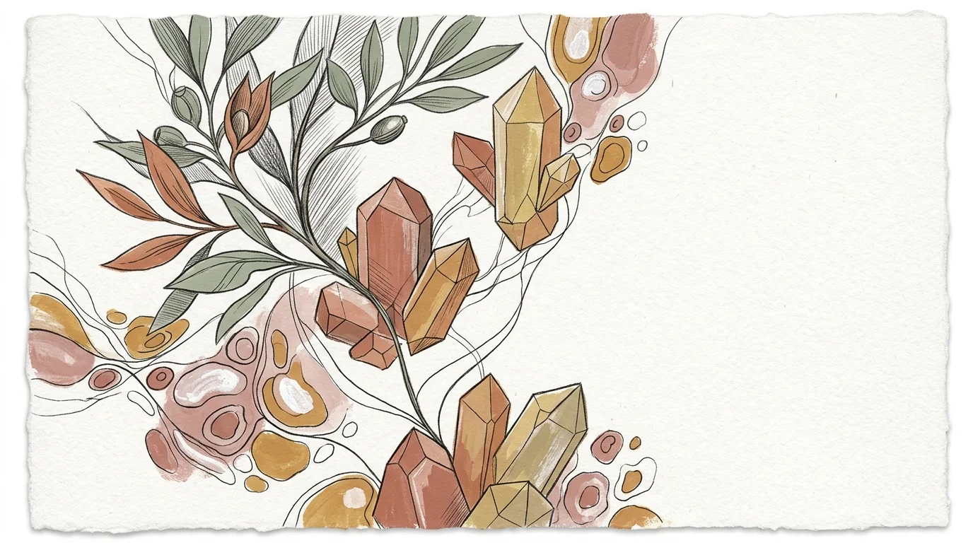 Illustration of brown and ochre crystals intertwined with leafy botanical branches and organic watercolor shapes on white.