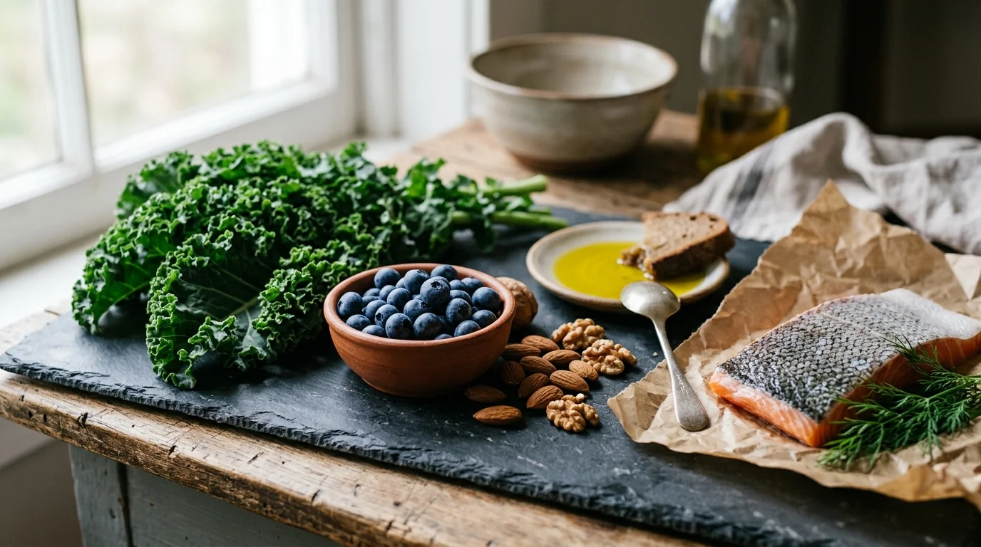 Fresh kale, a small bowl of blueberries, almonds, walnuts, olive oil, and raw salmon arranged on a dark slate board.