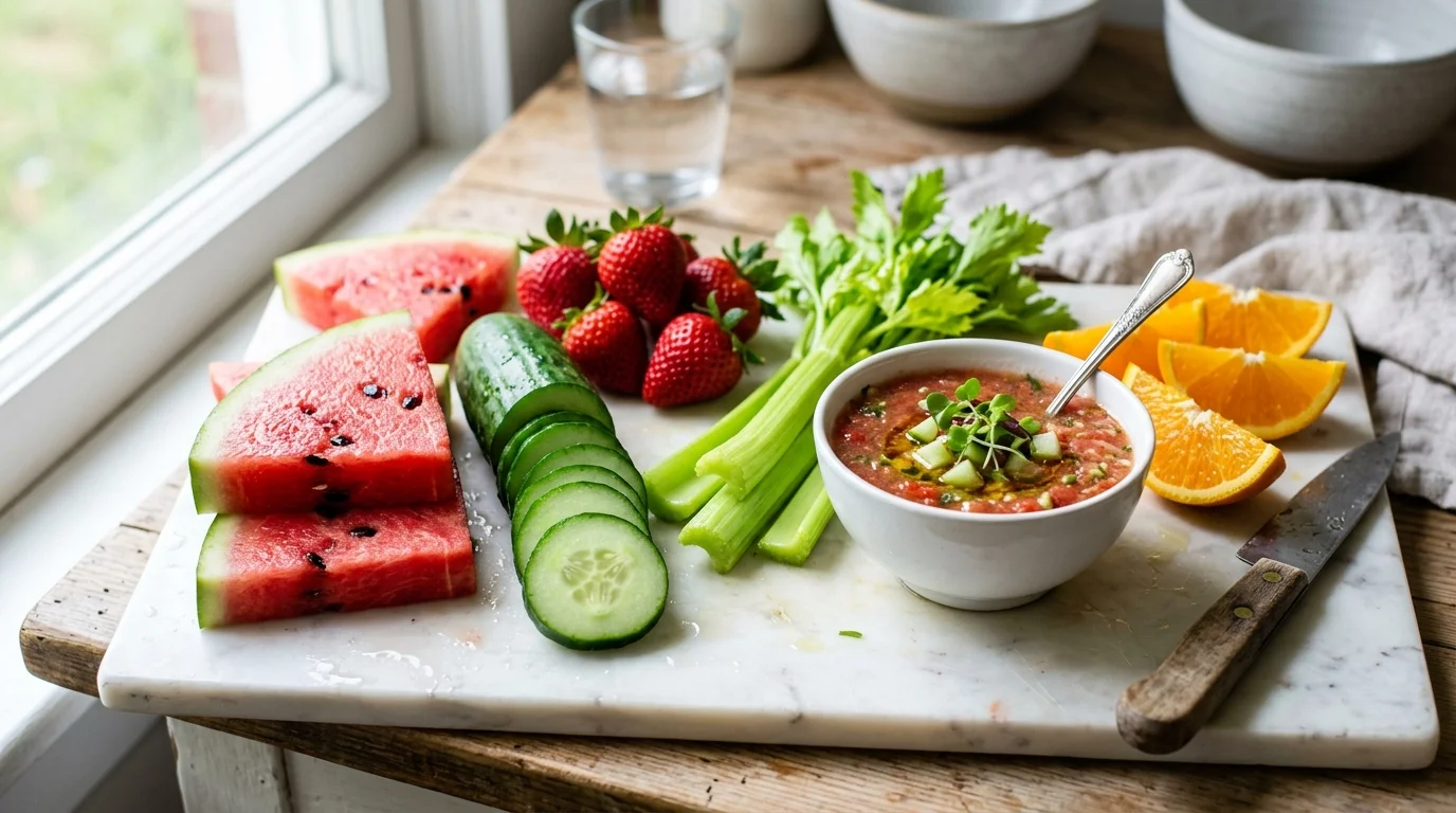 Watermelon slices, sliced cucumber, strawberries, celery, orange wedges, and a bowl of gazpacho on a marble board.