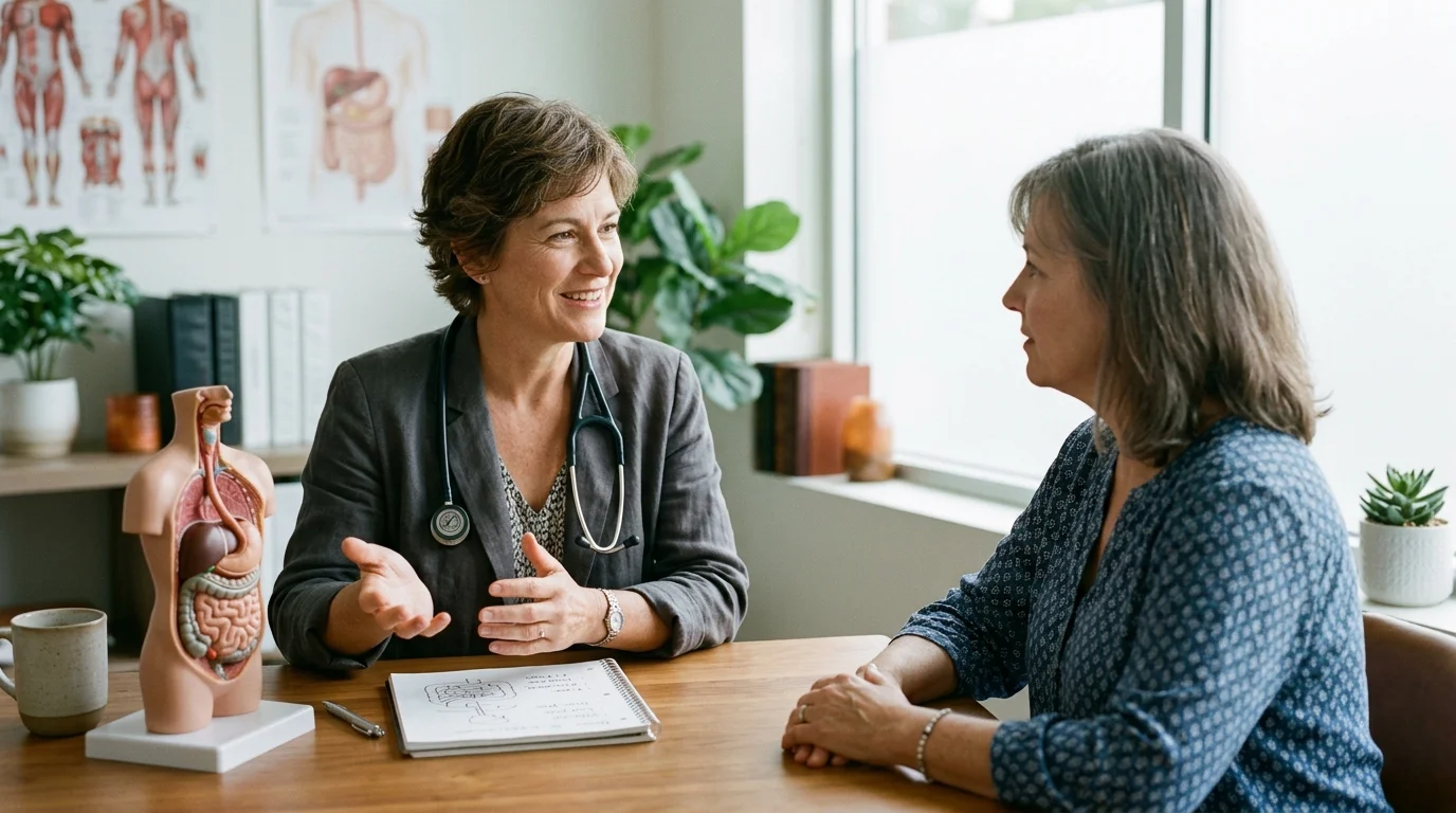 A female doctor with a stethoscope speaks with a female patient across a desk beside an anatomical torso model.