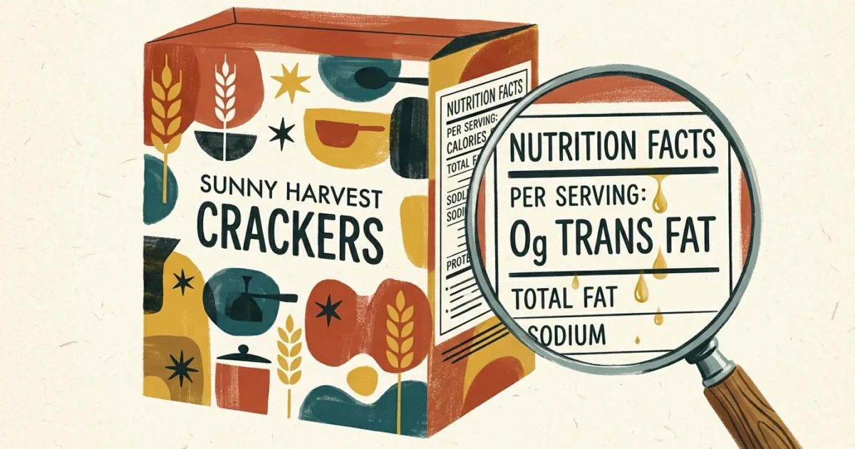Gouache illustration of a food package with a magnifying glass revealing hidden golden oil drops behind a 0g trans fat label.