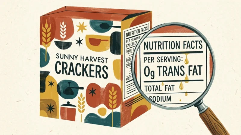 Gouache illustration of a food package with a magnifying glass revealing hidden golden oil drops behind a 0g trans fat label.