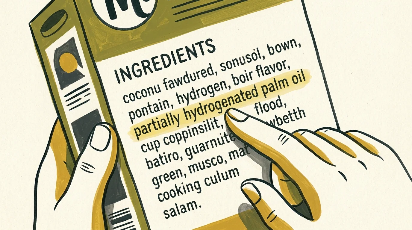 Gouache illustration of a hand pointing to 'partially hydrogenated palm oil' in an ingredient list on a food package.