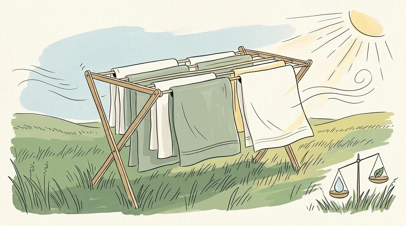 Illustration of towels drying on a wooden folding rack in a sunny, breezy outdoor field beside a balance scale.