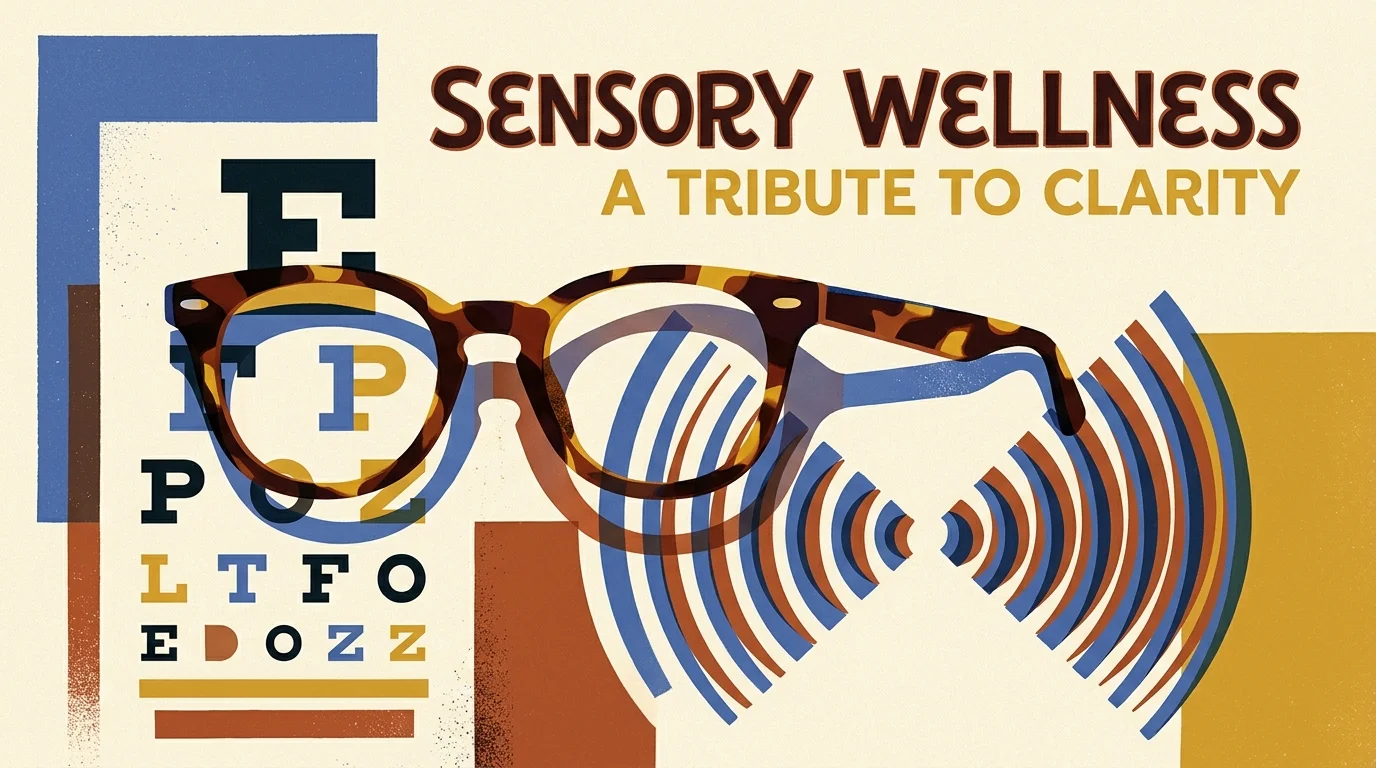 Tortoiseshell eyeglasses set against an eye exam chart, radiating sound waves, and sensory wellness typography.
