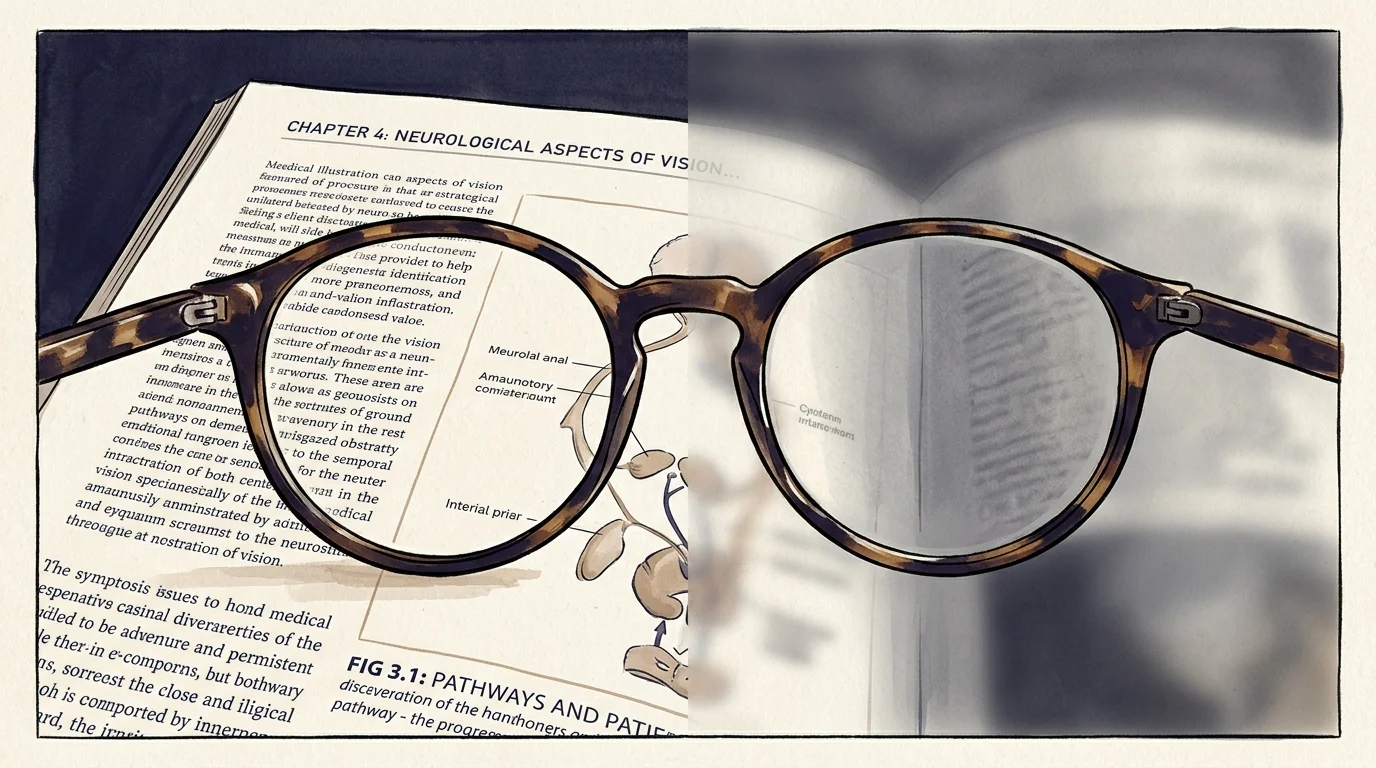 Eyeglasses resting on an open book, showing clear text through the left lens and a blurry view through the right.