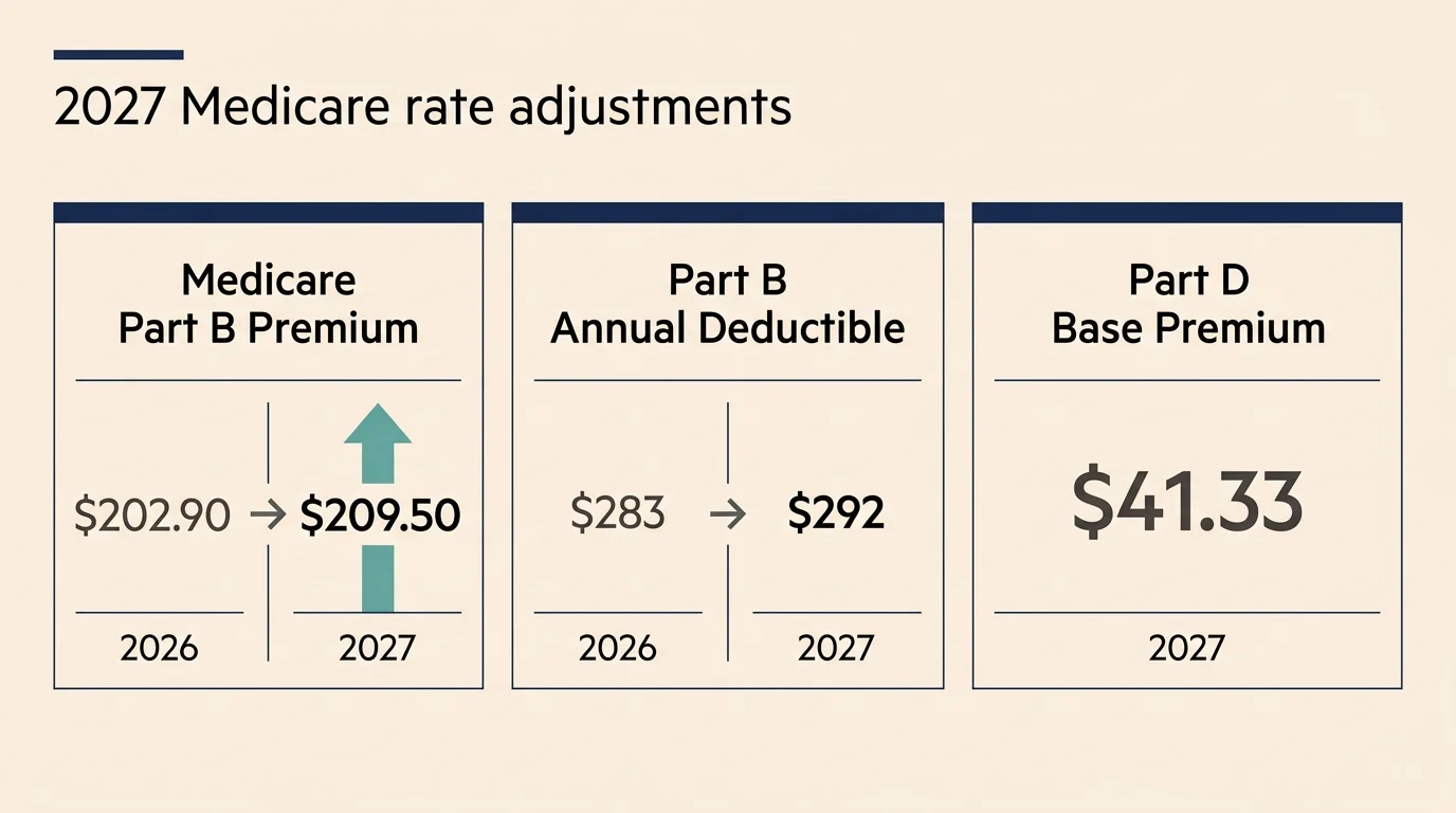 Infographic showing Medicare 2027 premium updates, comparing monthly premiums, annual deductibles, and Part D rates.