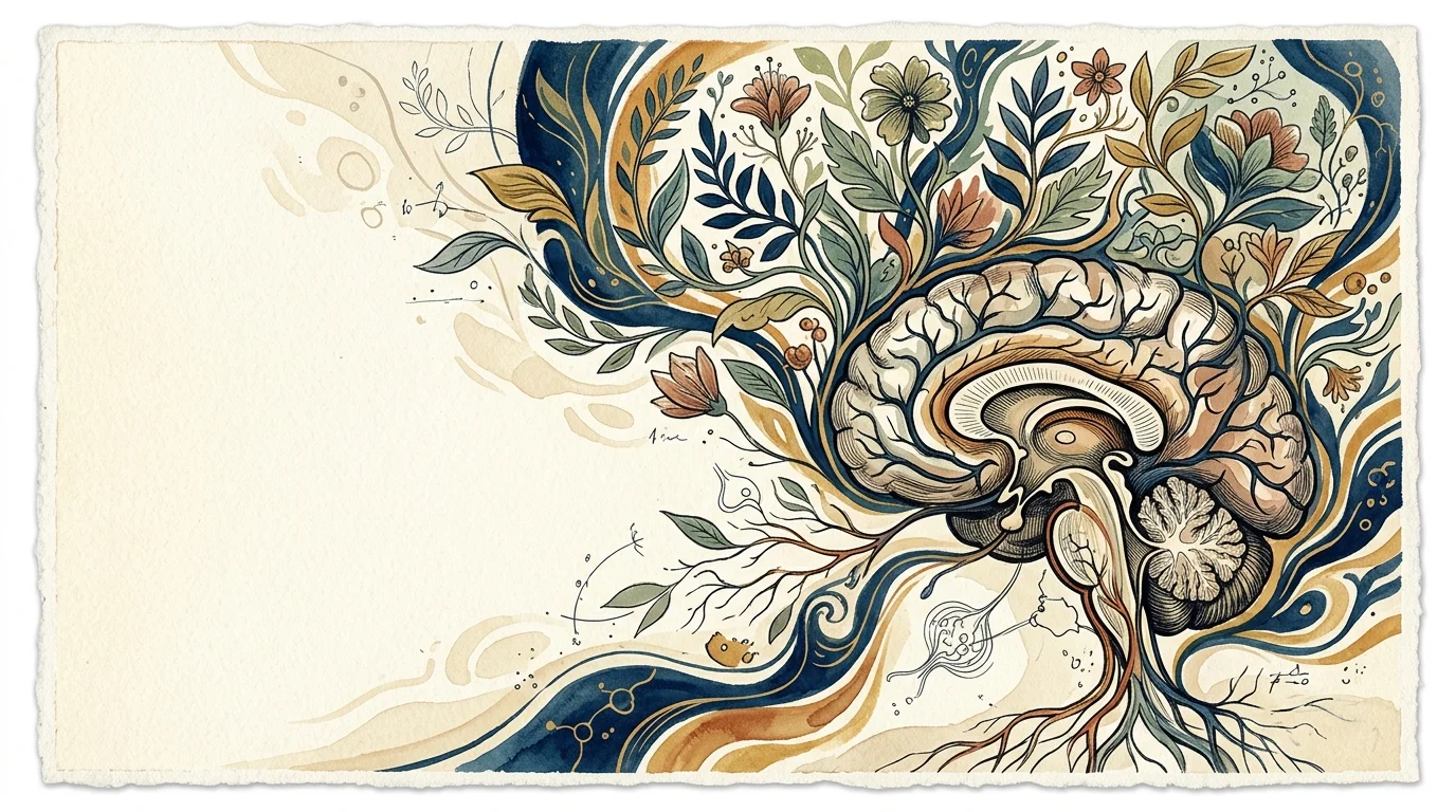 Watercolor illustration of a human brain cross-section surrounded by blooming flowers, leafy vines, and root systems.