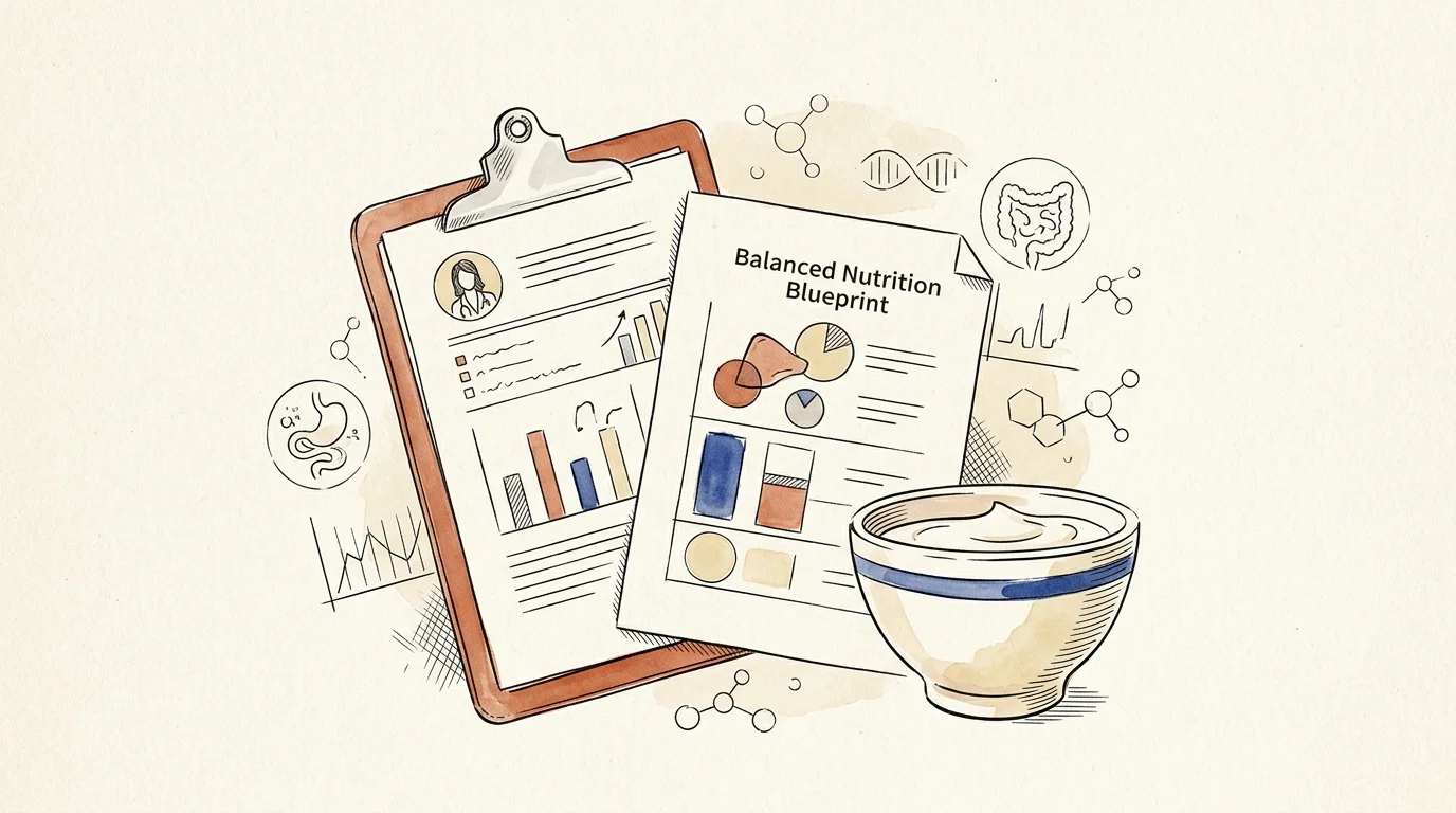Illustration of a clipboard with charts, a nutrition blueprint document, a bowl of yogurt, and gut health icons.
