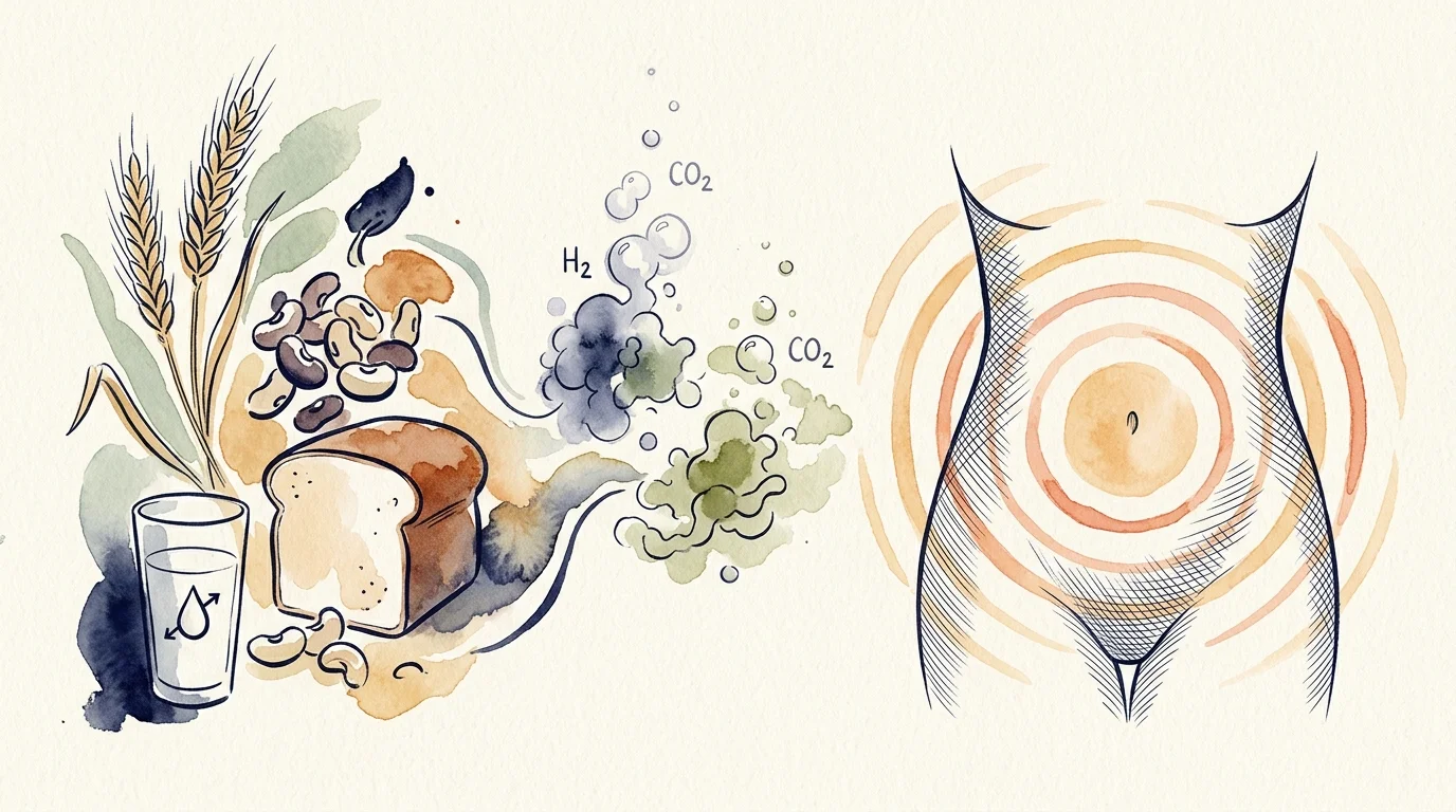 Watercolor sketch of bread, wheat, beans, and gas bubbles next to an illustrated torso with radiating concentric circles.