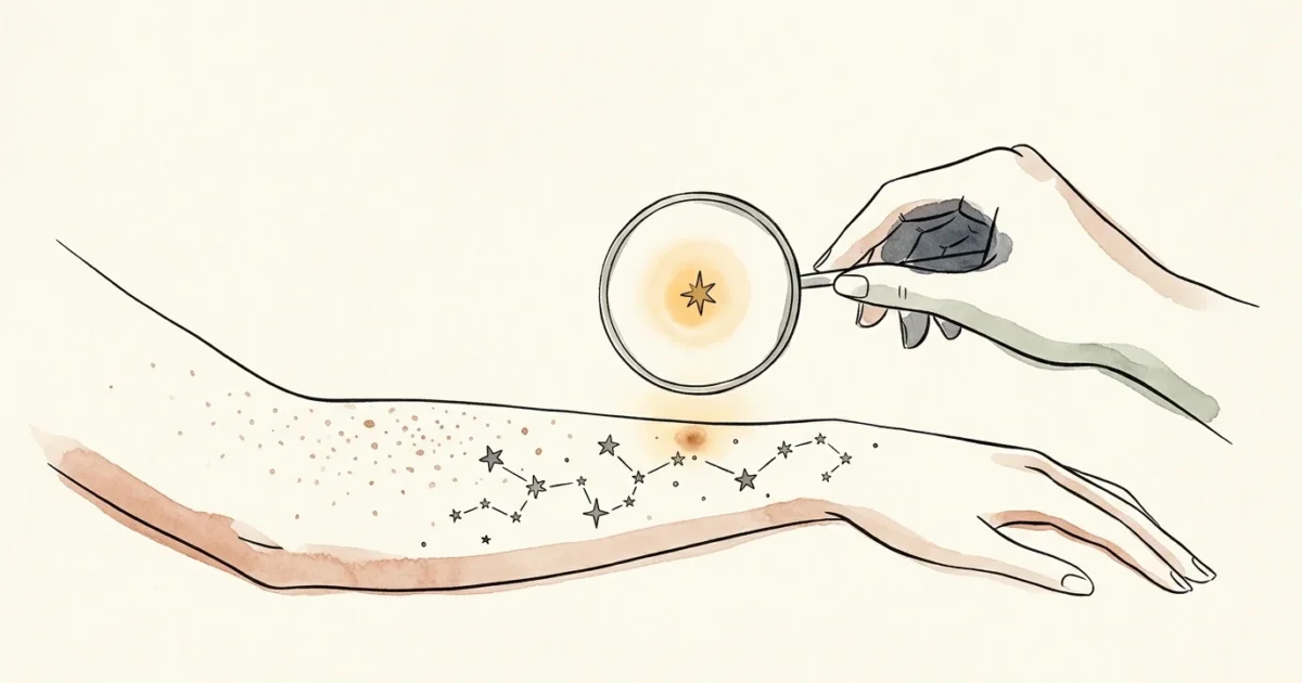 Ink and watercolor illustration of a hand holding a minimalist magnifying lens over a constellation of star-like spots on an arm.
