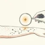Ink and watercolor illustration of a hand holding a minimalist magnifying lens over a constellation of star-like spots on an arm.