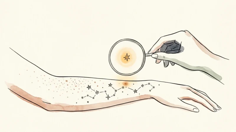 Ink and watercolor illustration of a hand holding a minimalist magnifying lens over a constellation of star-like spots on an arm.