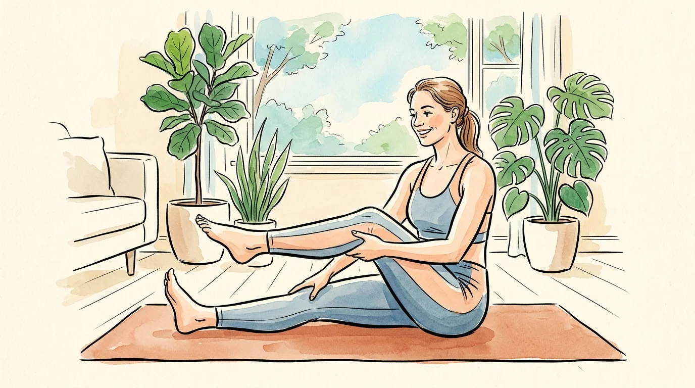 Ink and watercolor illustration of a person gently stretching on a yoga mat in a bright, plant-filled room.
