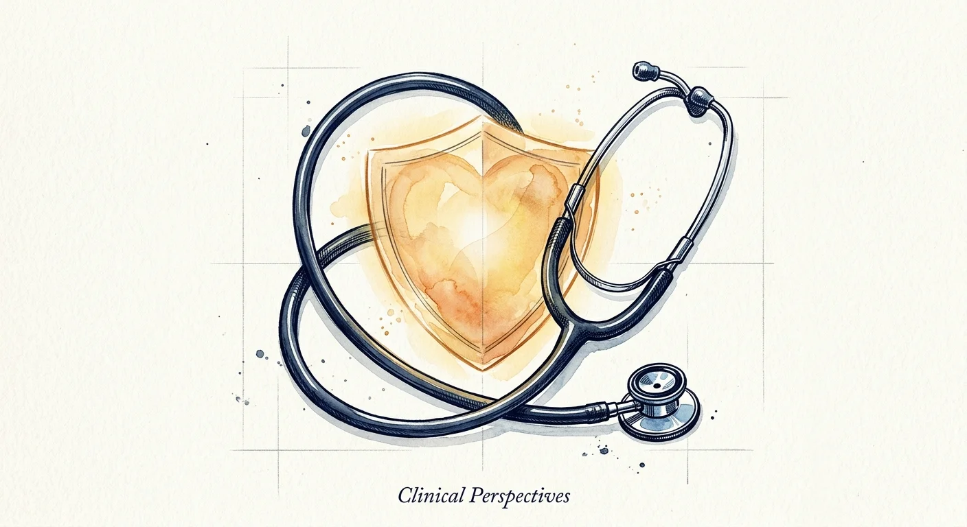 Ink and watercolor illustration of a stethoscope wrapped around a glowing heart-shaped shield on textured paper.