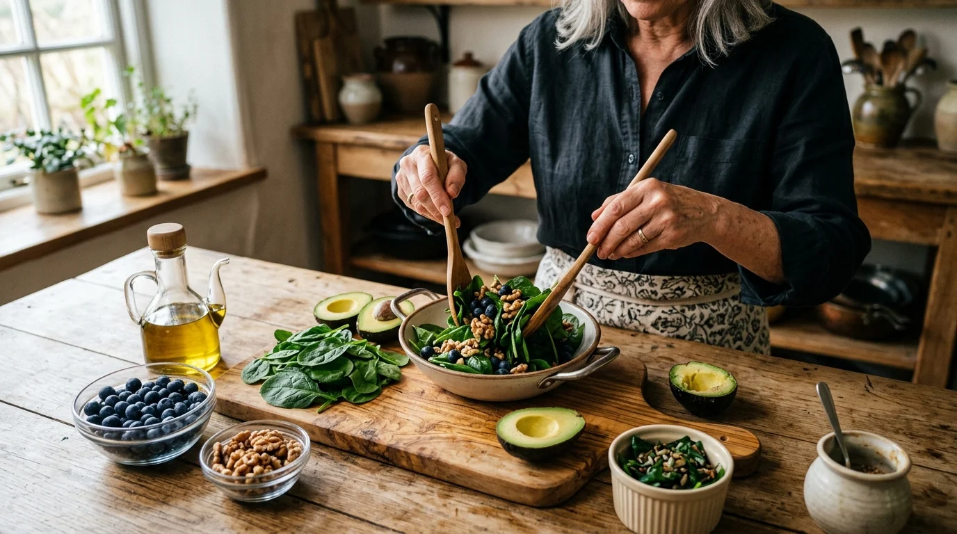 Woman tossing a spinach salad with blueberries, nuts, and avocado on a rustic wooden kitchen counter.
