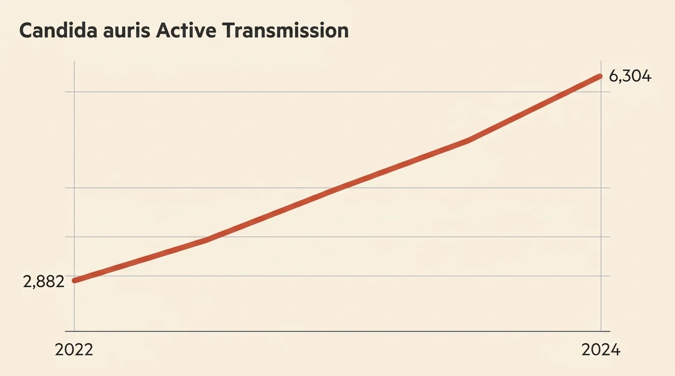 Line graph charting the rise of Candida auris clinical cases from 2,882 in 2022 to 6,304 in 2024.