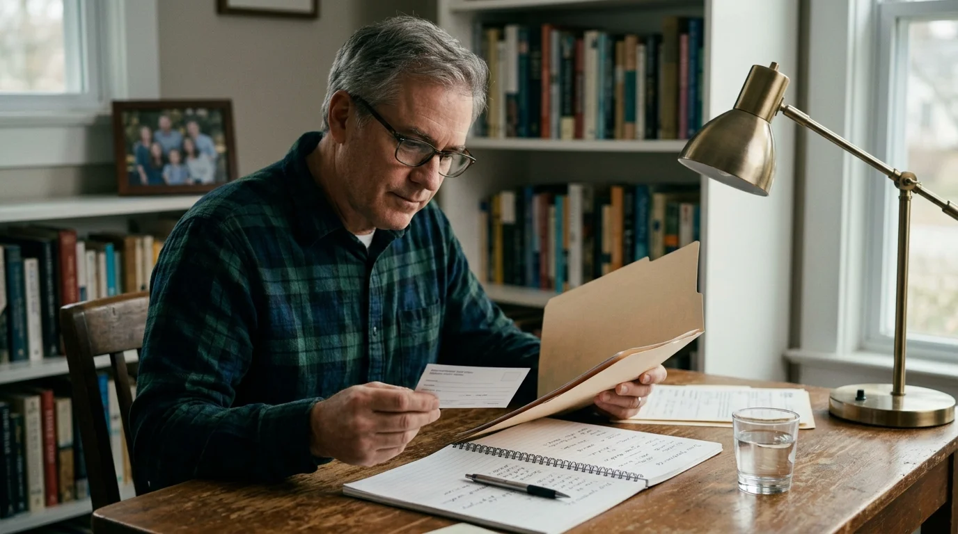 A man wearing glasses sits at a wooden desk reviewing papers from a file folder in a home library.