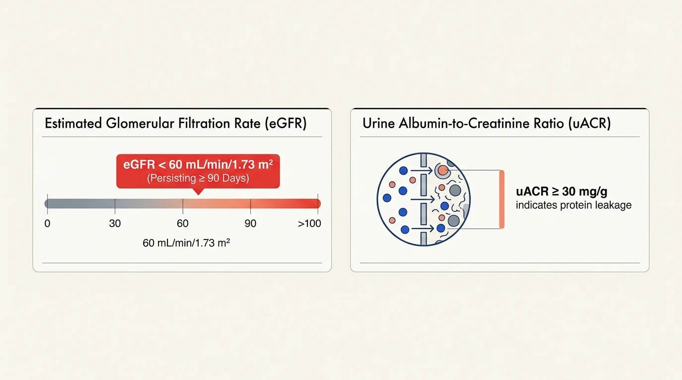 Diagram illustrating diagnostic thresholds for estimated glomerular filtration rate and urine albumin-to-creatinine ratio.