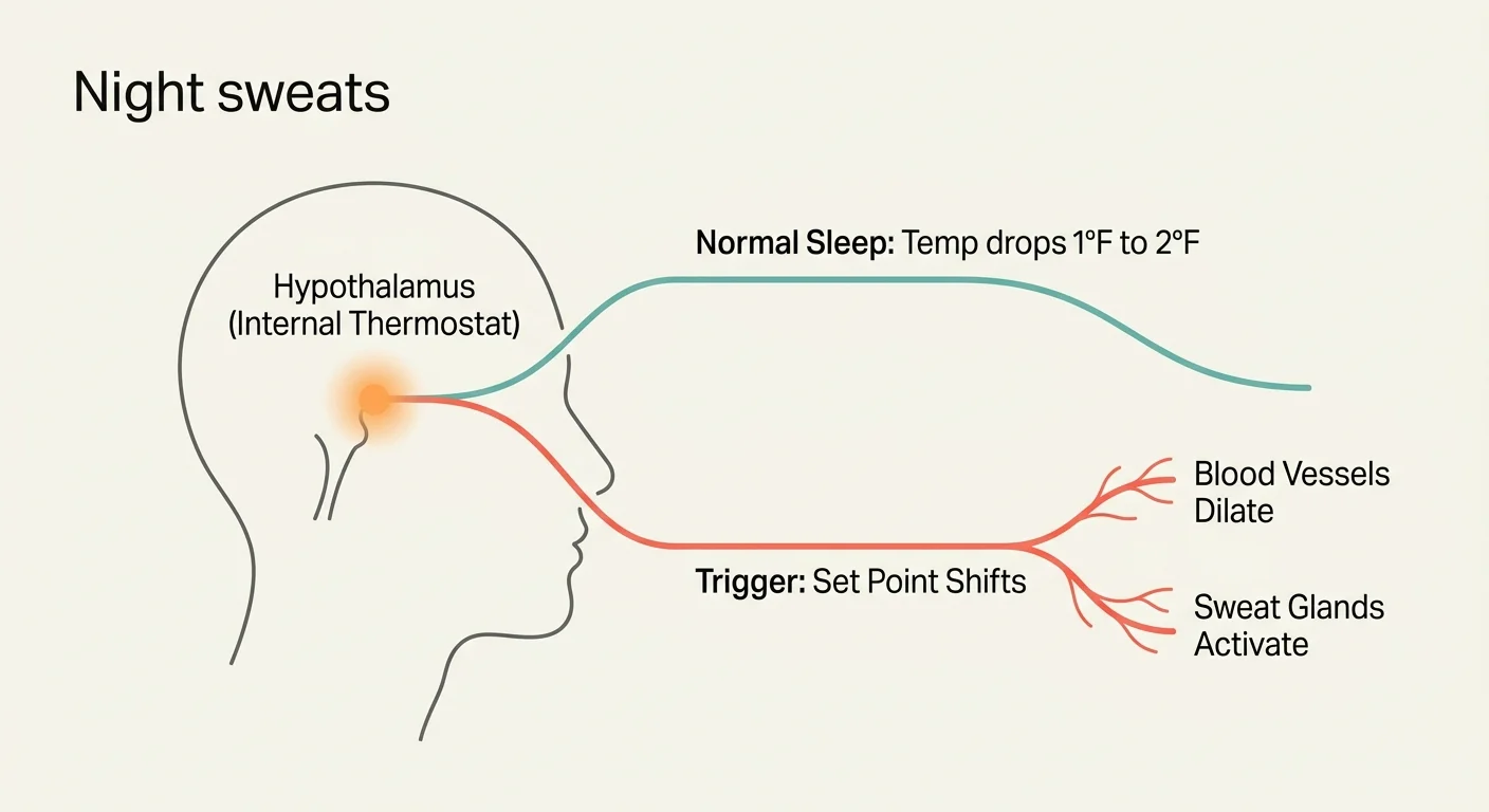 Minimalist diagram of the hypothalamus and its role in adjusting body temperature and triggering night sweats.