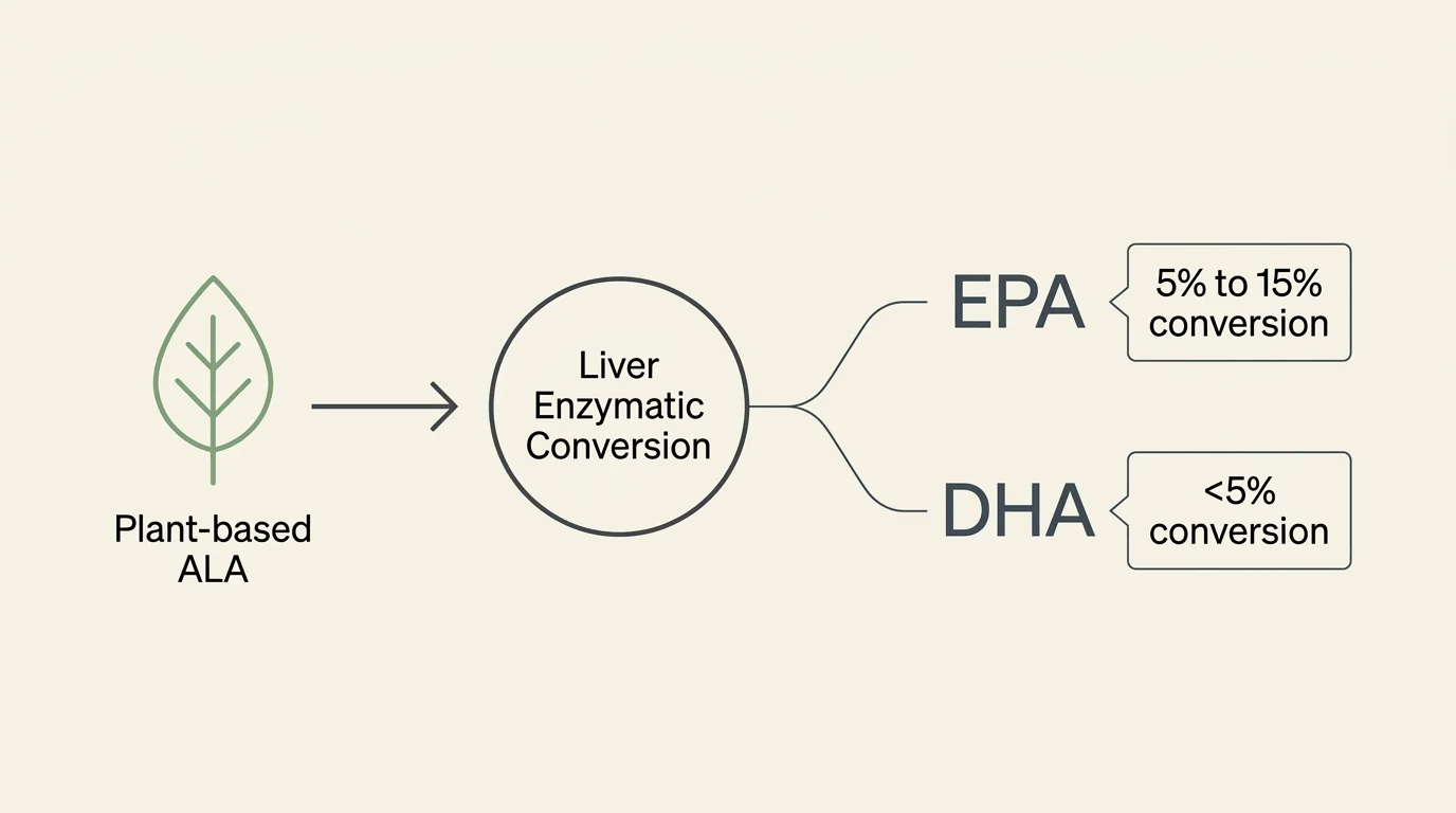 Minimalist diagram showing the liver conversion of plant-based ALA to EPA at 5% to 15% and DHA at under 5%.