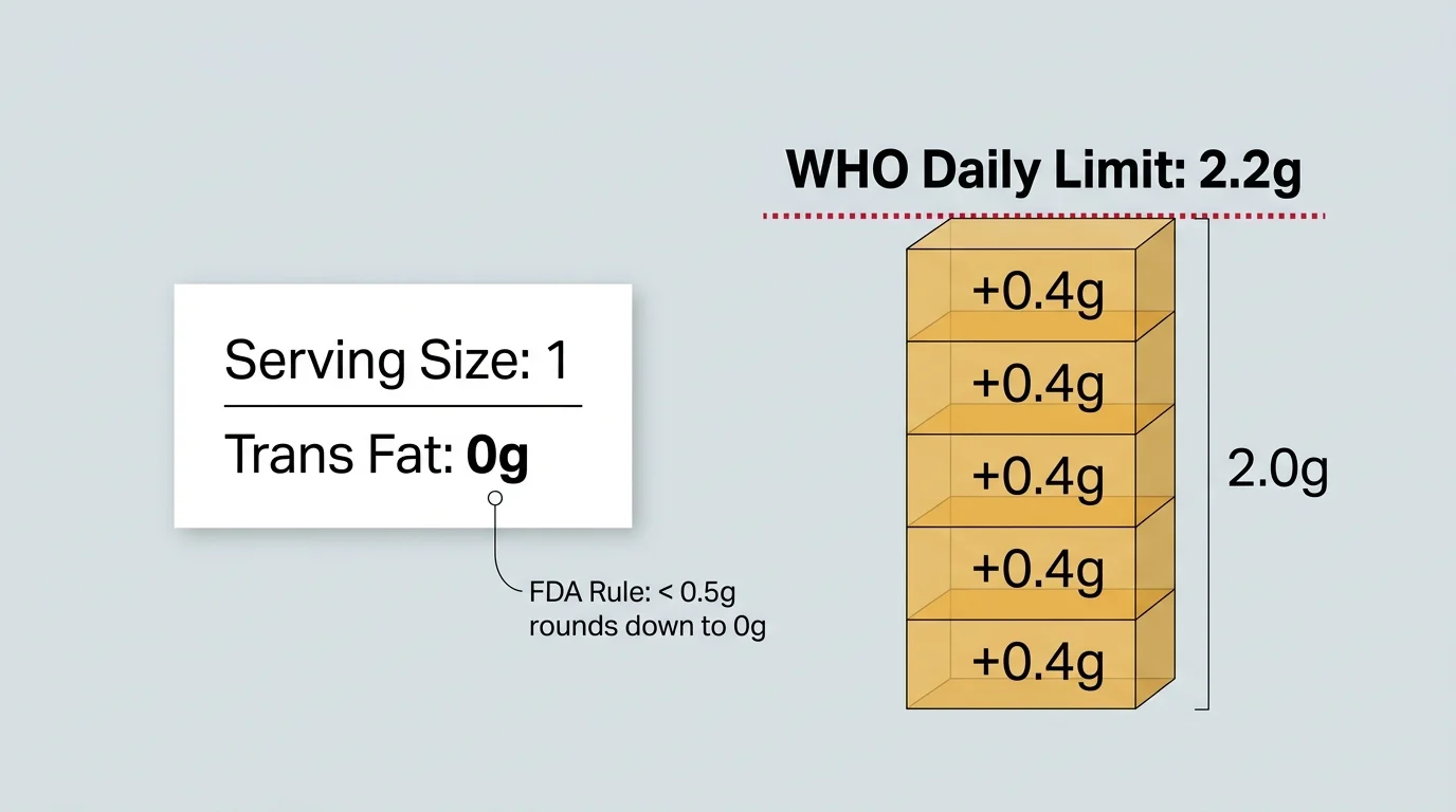 Minimalist infographic comparing the FDA 0.5g rounding loophole to the WHO 2.2g daily limit using stacked serving blocks.