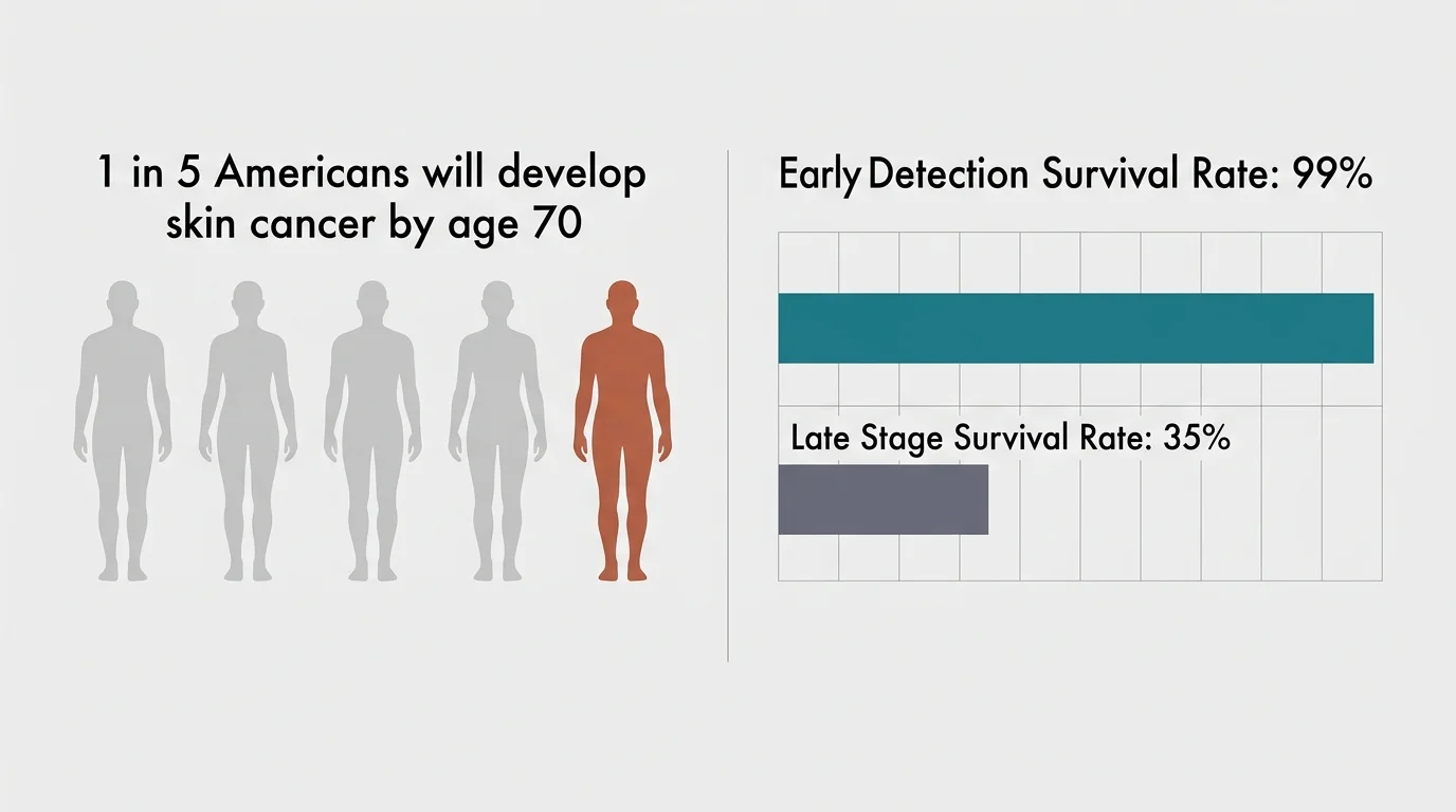 Minimalist infographic showing a 1-in-5 statistic alongside a comparative bar chart of 99 percent versus 35 percent survival rates.