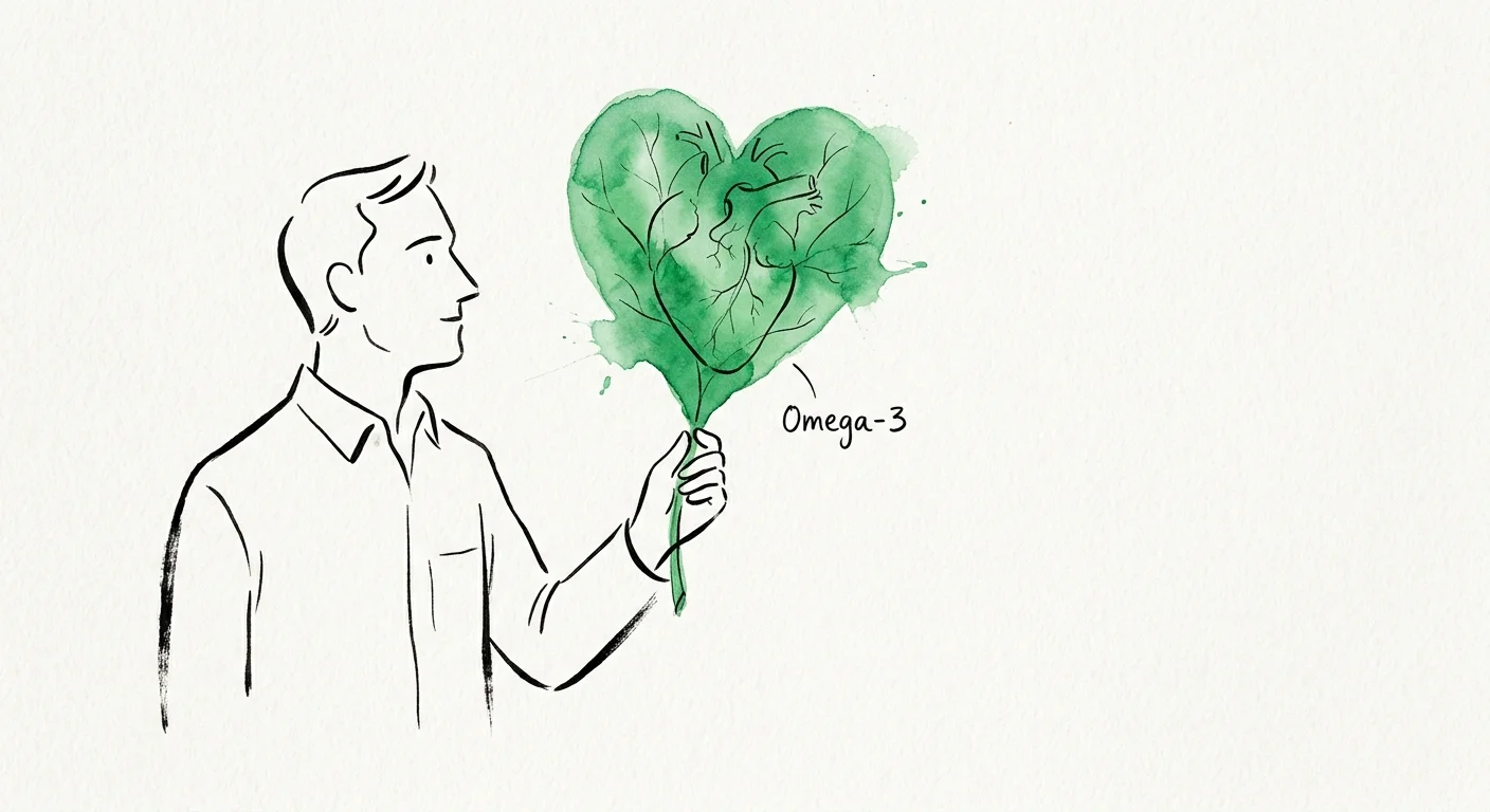 Minimalist ink and watercolor illustration of a clinician holding a green leaf that morphs into a heart, with 'Omega-3' written nearby.
