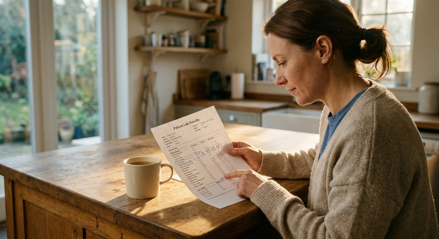 Over-the-shoulder view of a person reviewing a printed medical lab report at home in warm afternoon light.