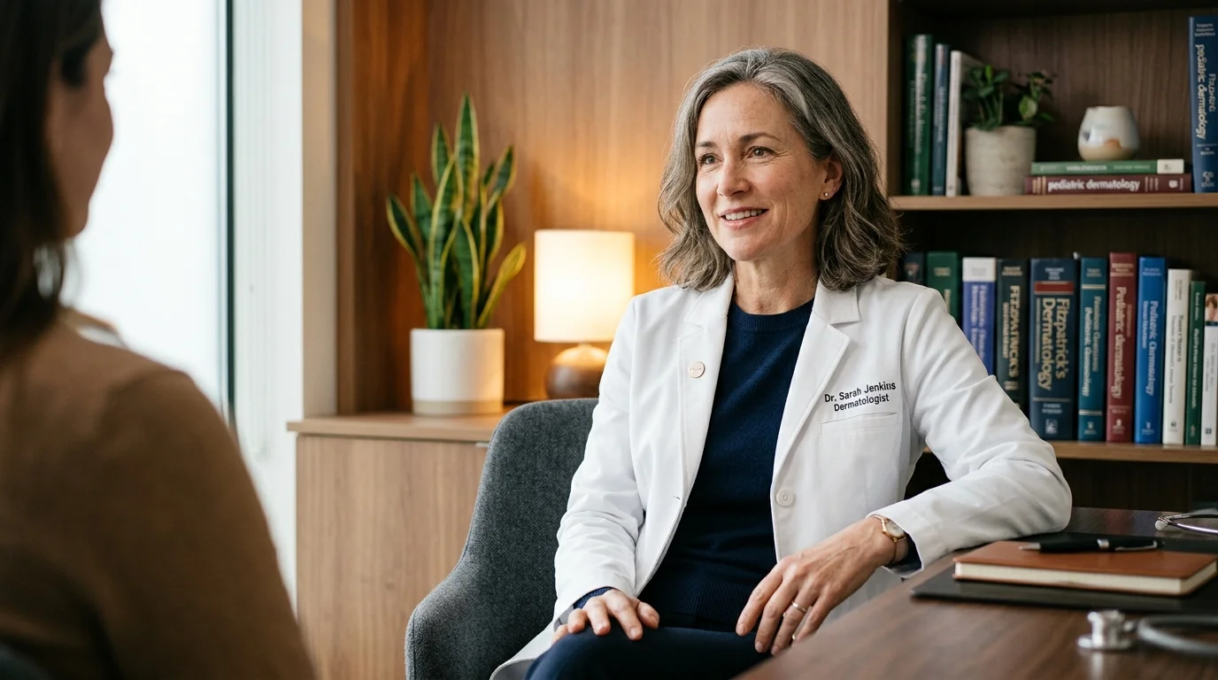 Portrait of a warm, professional female dermatologist in a white coat sitting in her inviting, sunlit office.