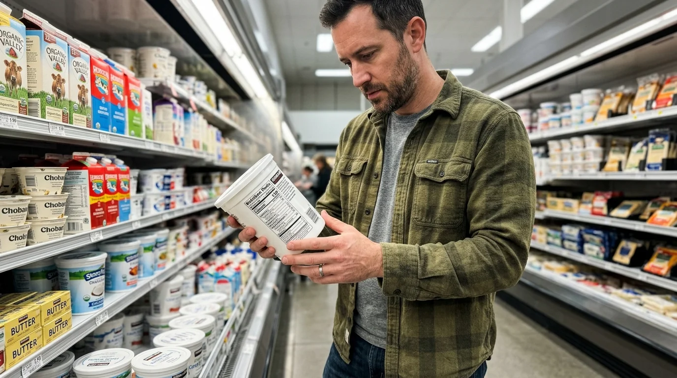 A man standing in a grocery store dairy aisle inspecting the nutrition label on a white tub of yogurt.