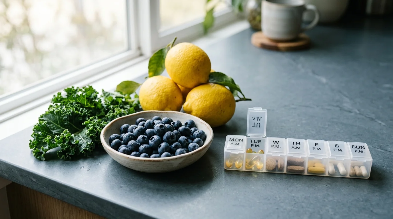 A weekly pill organizer filled with supplements sits next to a bowl of blueberries, lemons, and kale on a counter.