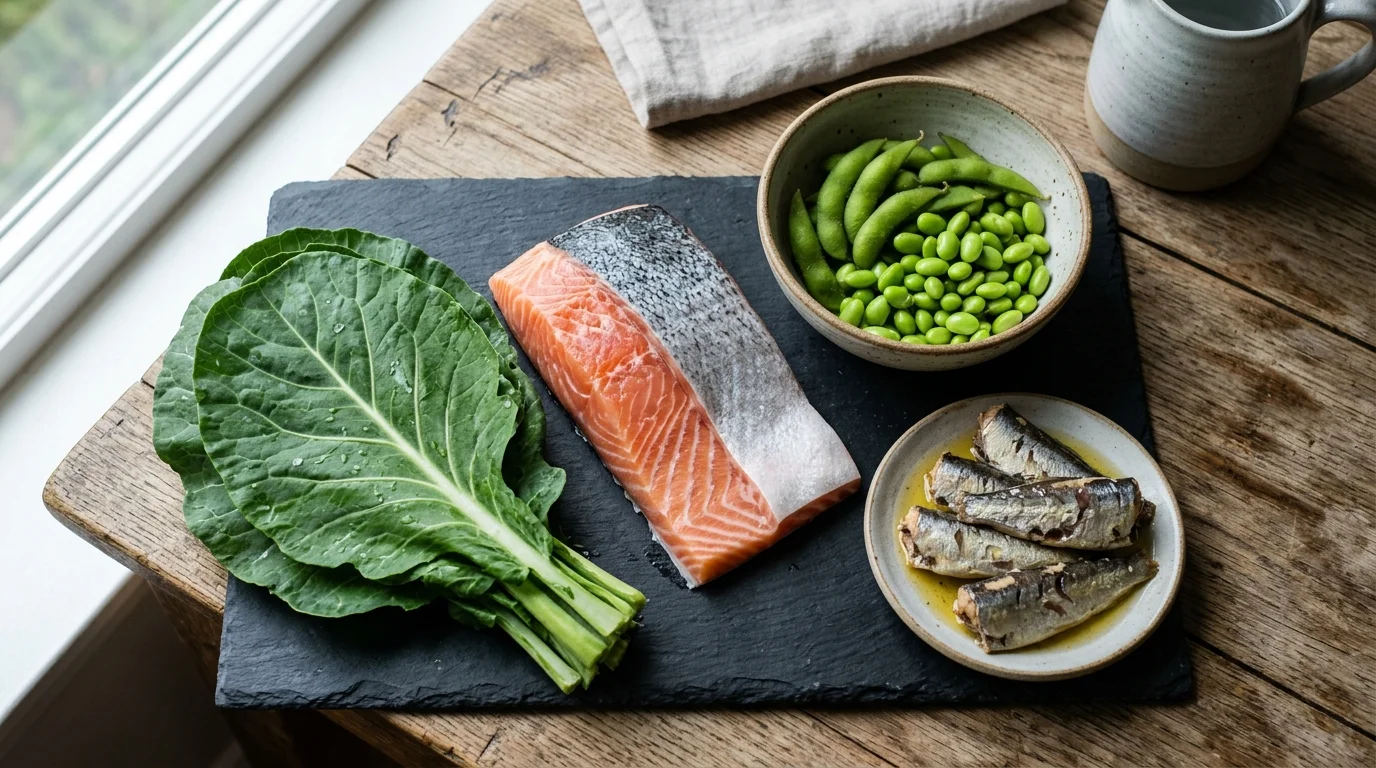 Still life photography of fresh collard greens, raw salmon, edamame, and sardines on a dark slate board.