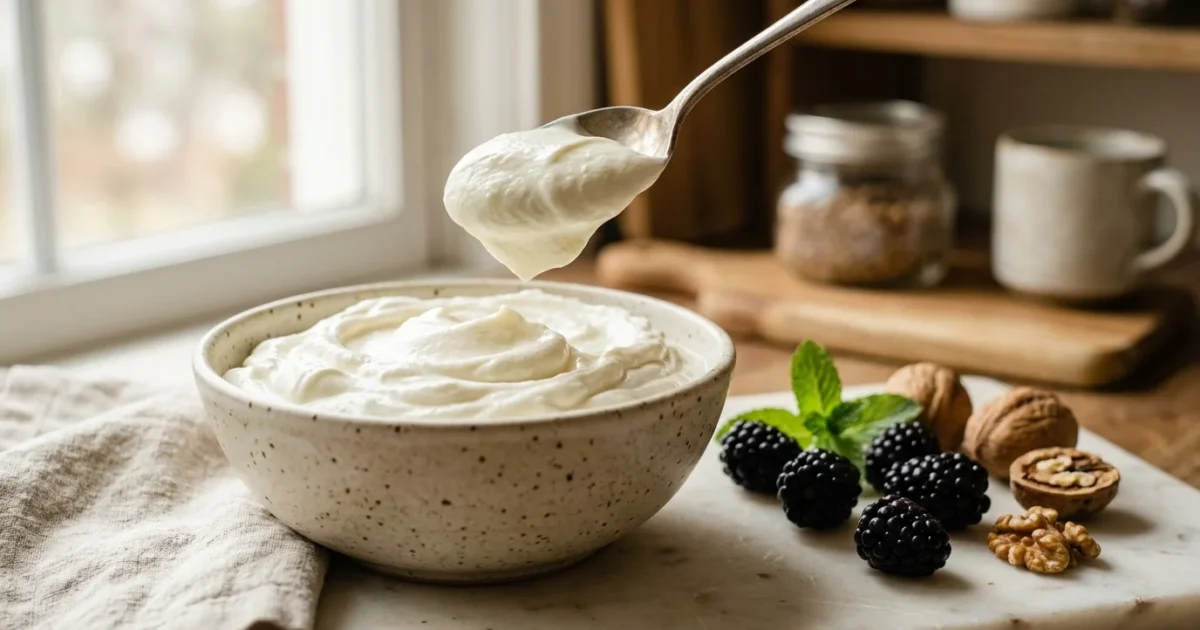 Spoonful of thick Greek yogurt above a speckled bowl, served beside fresh blackberries and walnuts on a marble board.