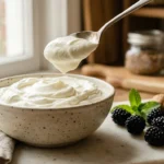 Spoonful of thick Greek yogurt above a speckled bowl, served beside fresh blackberries and walnuts on a marble board.