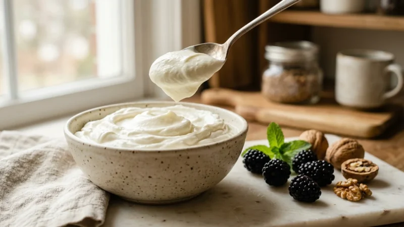 Spoonful of thick Greek yogurt above a speckled bowl, served beside fresh blackberries and walnuts on a marble board.