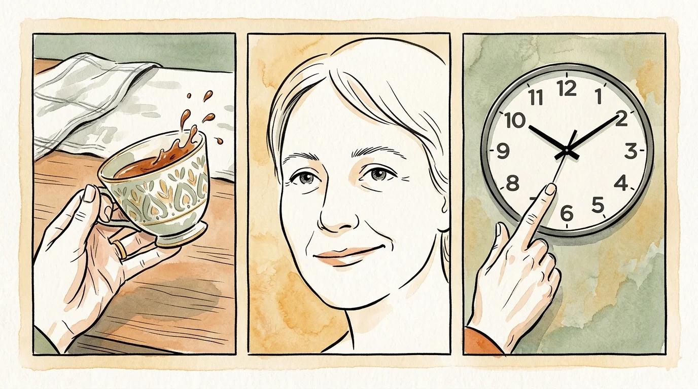 Three warm watercolor panels illustrating sudden balance loss, facial asymmetry, and a clock symbolizing crucial time.
