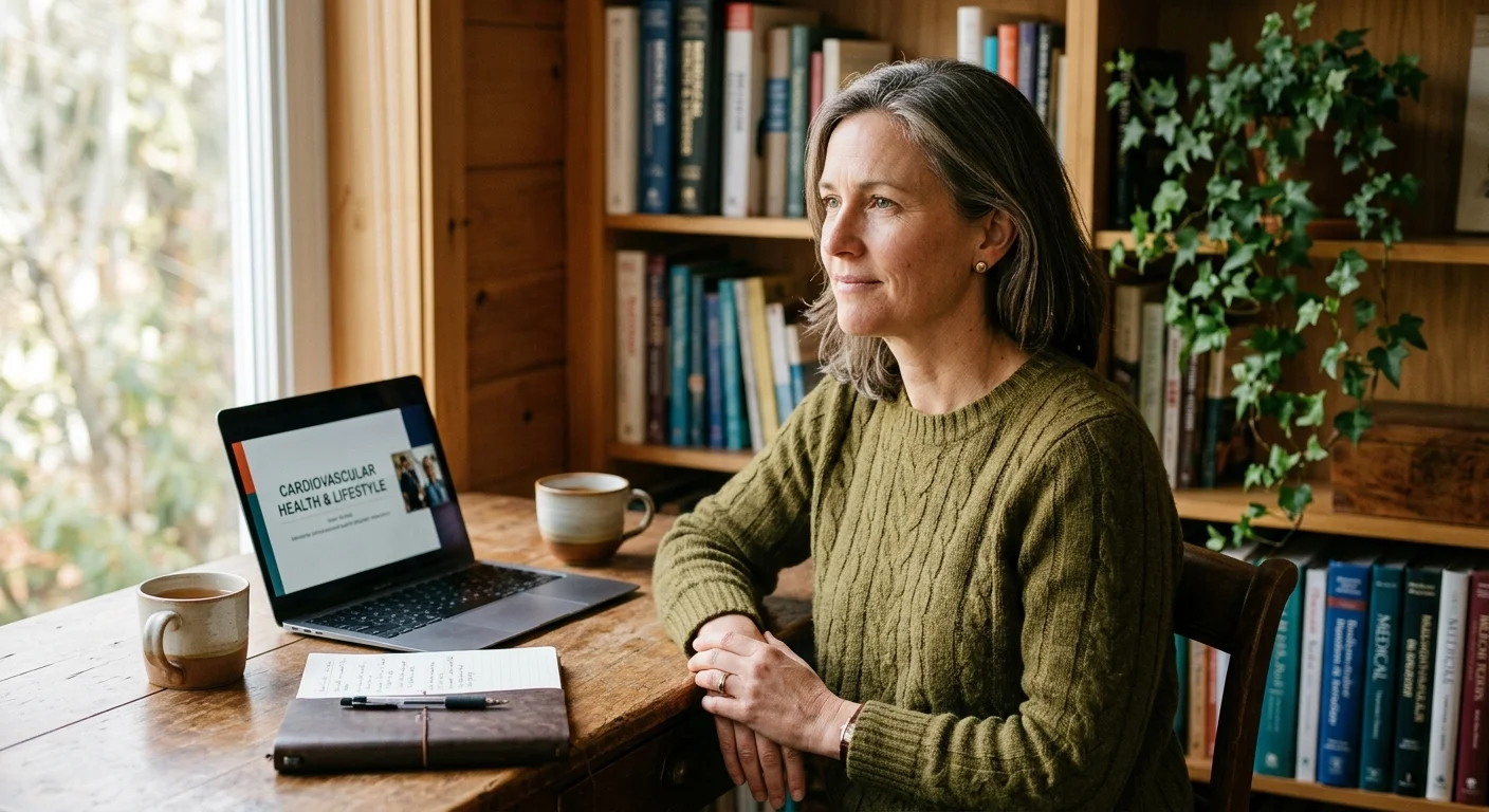 Warm editorial portrait of a female health expert in a knit sweater, sitting at a wooden desk in a sunlit home office.