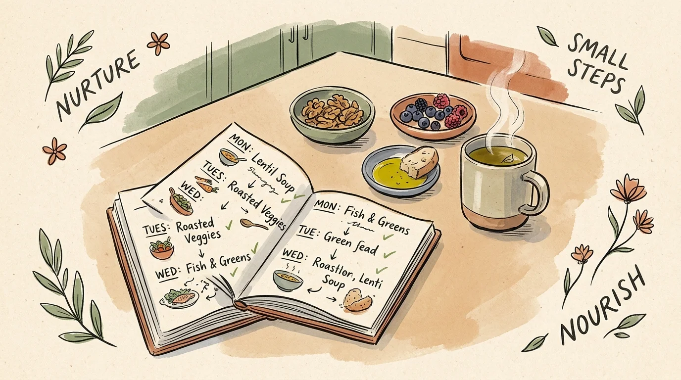 Illustrated weekly meal planner book on a table alongside bowls of walnuts, berries, olive oil, and steaming tea.