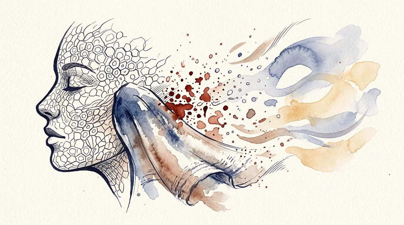 Side profile of a face with cellular skin patterns beside watercolor splashes and a draped towel.