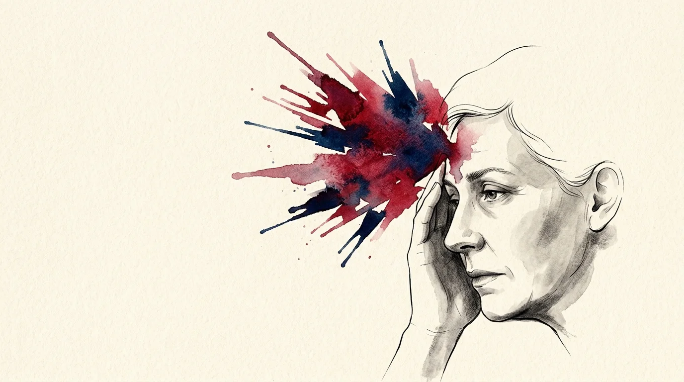 Watercolor illustration of a person holding their forehead as an explosion of red and blue paint splatters outwards.