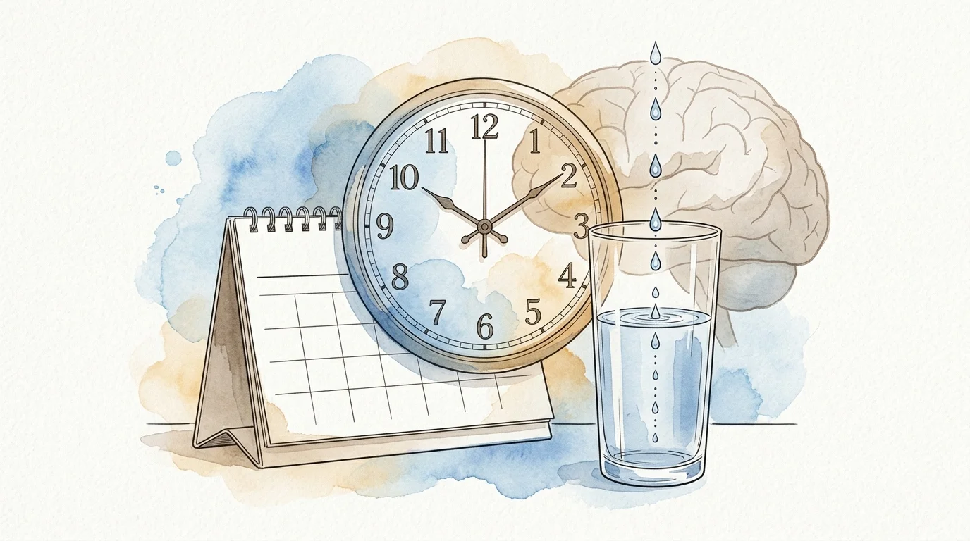 Watercolor illustration of a desk calendar, a clock, a glass of water, and a human brain with falling water droplets.