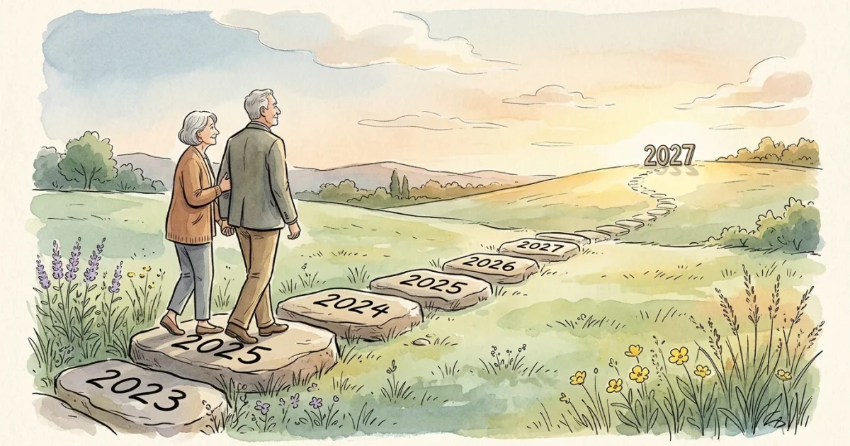 Watercolor illustration of a couple walking along a path of stepping stones labeled 2025 and 2027, representing a journey into the future.