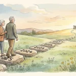 Watercolor illustration of a couple walking along a path of stepping stones labeled 2025 and 2027, representing a journey into the future.