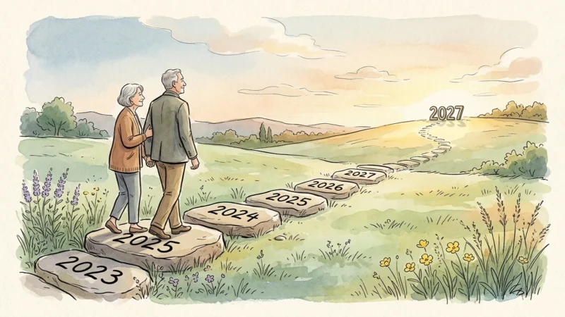 Watercolor illustration of a couple walking along a path of stepping stones labeled 2025 and 2027, representing a journey into the future.