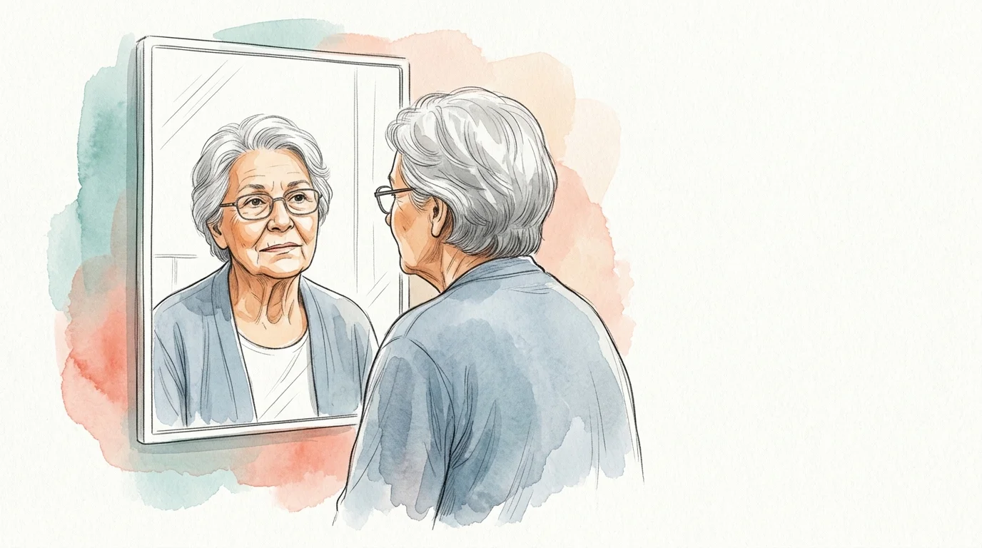 Watercolor illustration of an older woman with short grey hair and glasses looking at her reflection in a mirror.