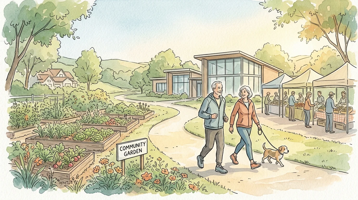 Watercolor illustration of an older couple walking a dog along a path by a community garden and outdoor market.