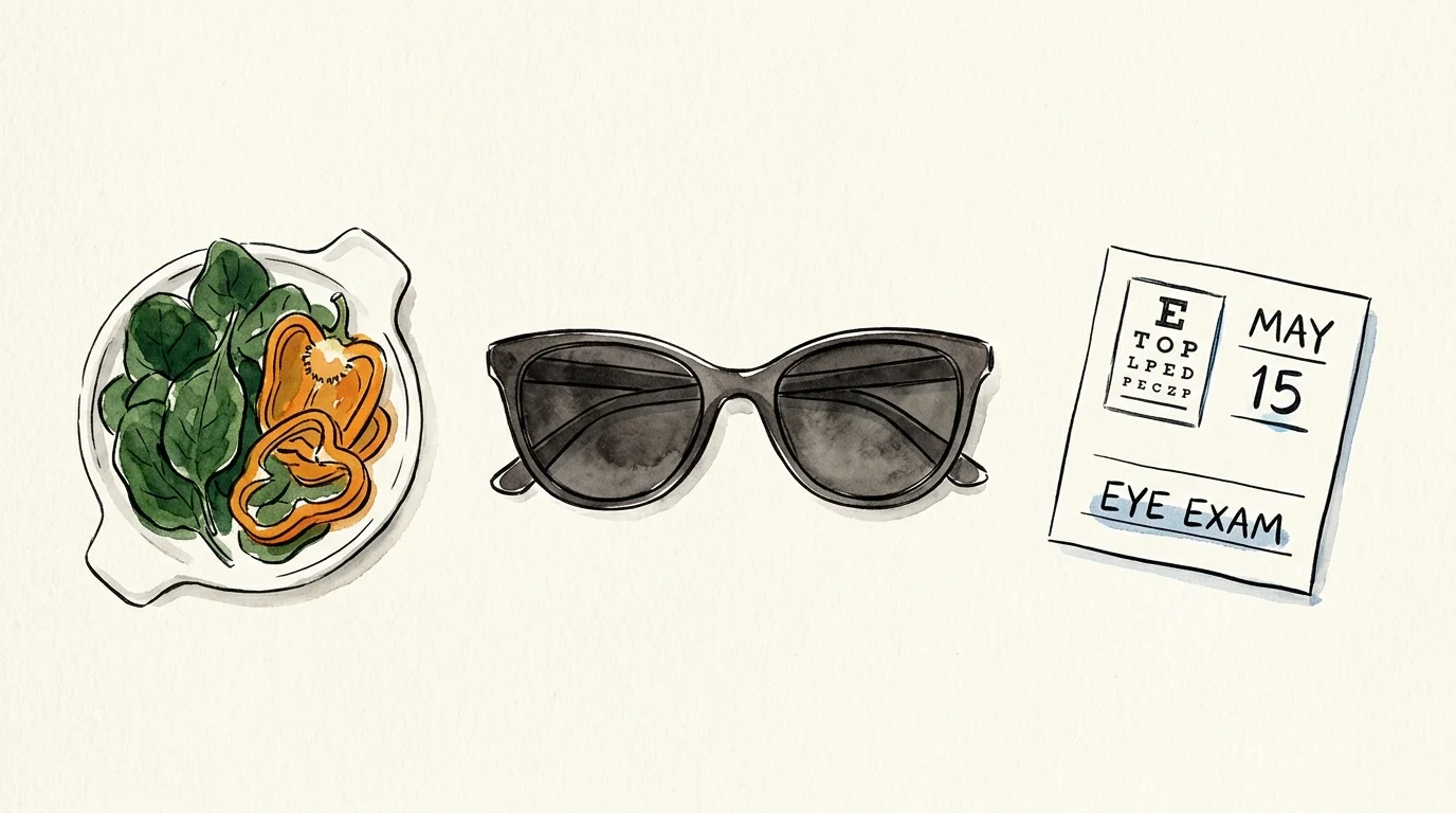 Watercolor illustration of UV-blocking sunglasses, nutrient-rich vegetables, and an eye exam card on a textured ivory background.