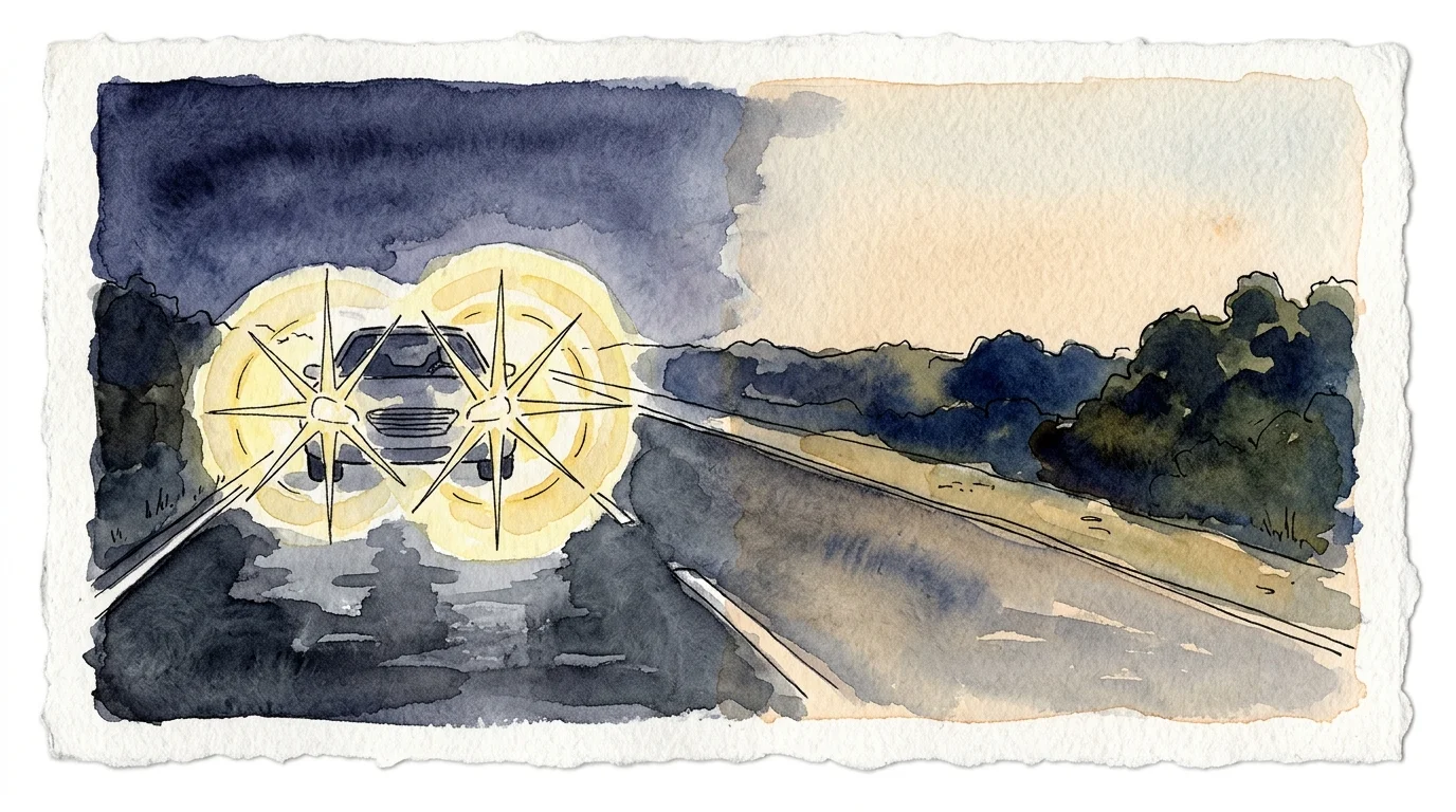 Watercolor illustration showing headlight glare with spiky starbursts and a warm amber color filter over a dark night landscape.