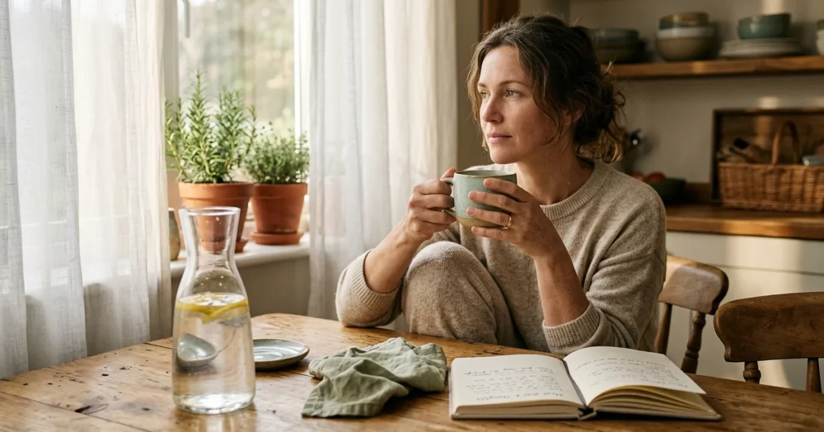 A woman sits at a rustic wooden table drinking from a mug, with an open notebook, water carafe, and potted plants nearby.